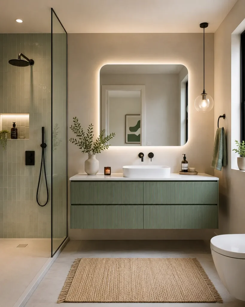 Floating sage vanity in bathroom