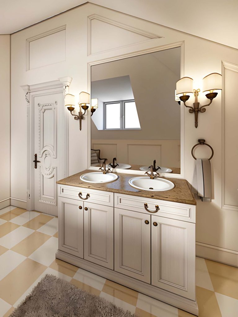 Luxury bathroom design ideas with a practical double vanity layout and twin mirrors