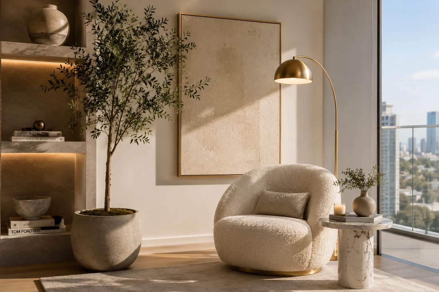 Warm cosy luxury lounge corner with soft lighting, ideal for a Christmas tree bows display