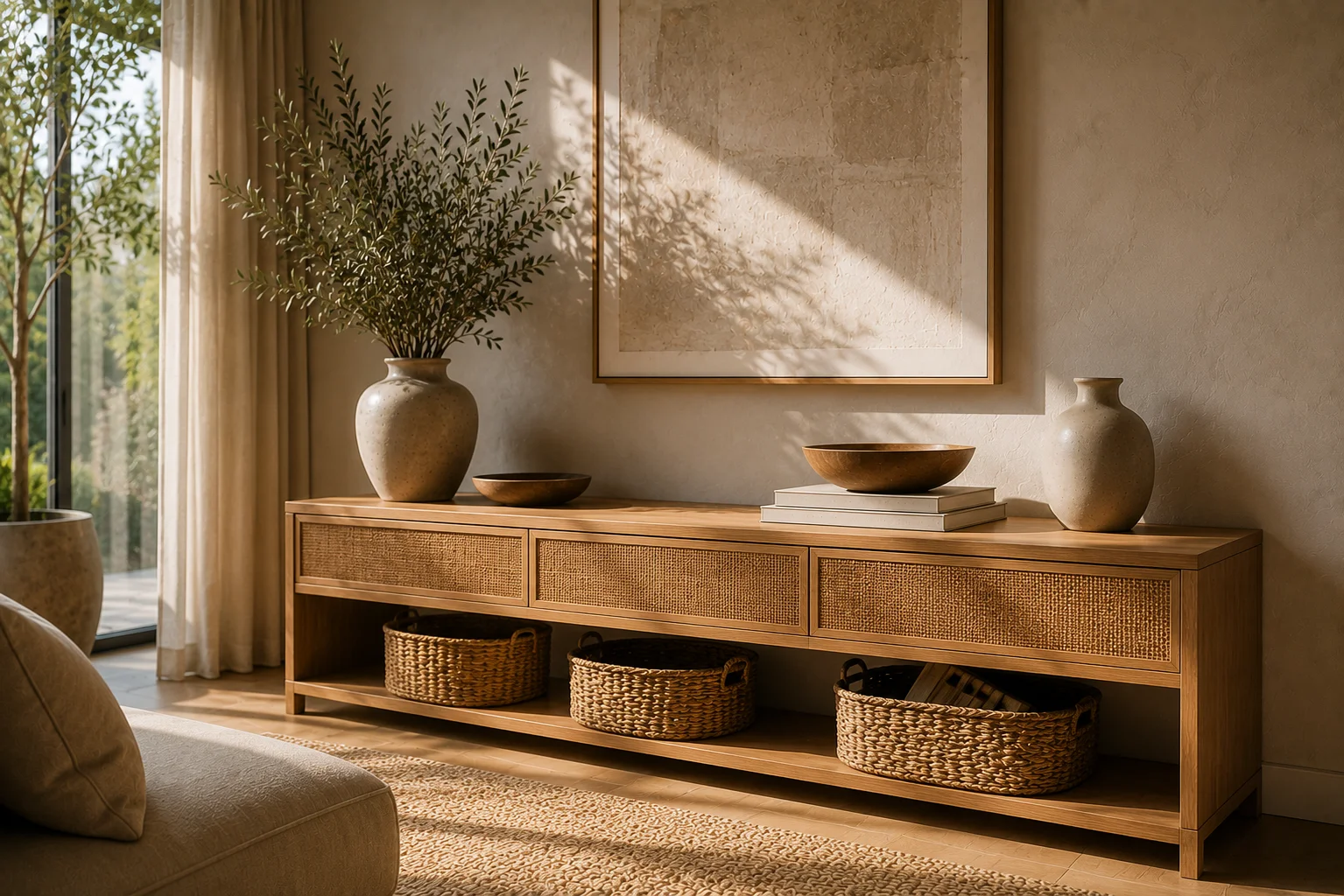 Layered natural textures in a warm room for bedroom decor ideas for couples